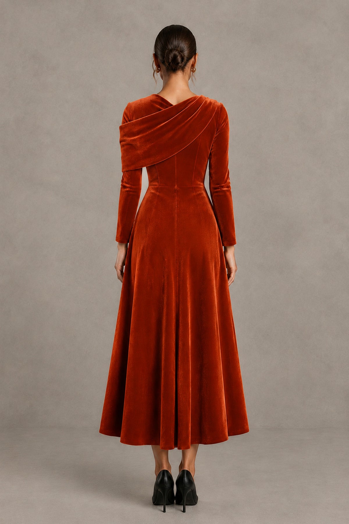 BOLODOO Burnt Orange Velvet-Look Long Sleeve Tea-Length A-Line Dress with Draped Neckline - Burnt Orange - Burnt Orange_2