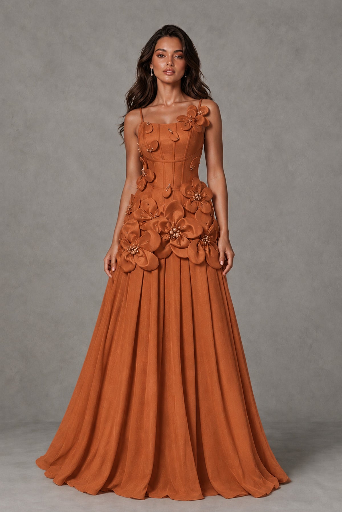 BOLODOO Burnt Orange 3D Floral Appliqué Floor-Length A-Line Evening Gown - Burnt Orange