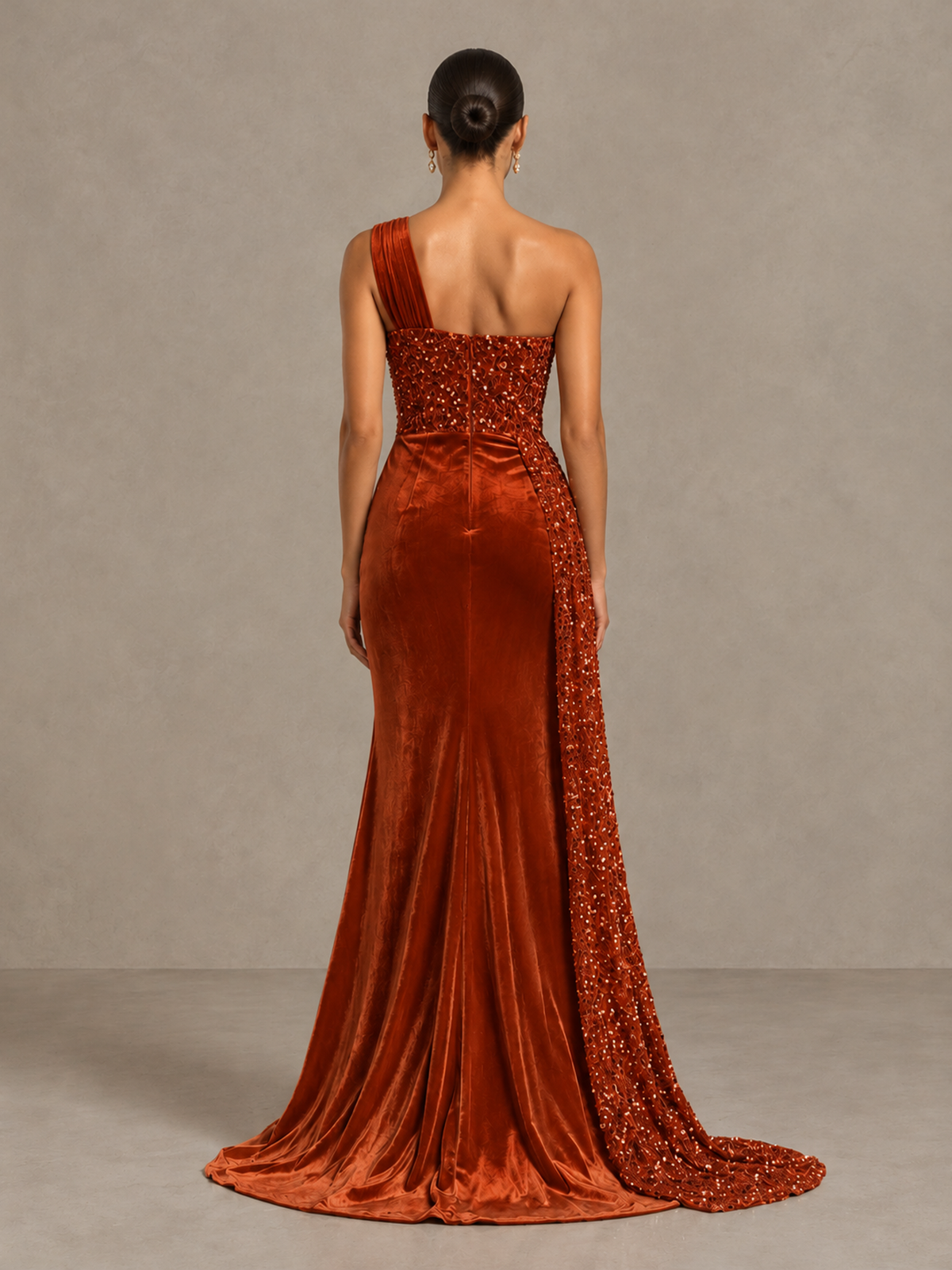 BOLODOO Burnt Orange One-Shoulder Satin Sequin Gown with High Slit - Burnt Orange - Burnt Orange_2