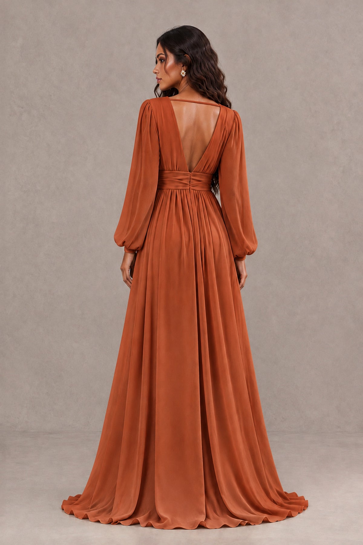 BOLODOO Burnt Orange Long Sleeve V-Neck A-Line Gown with Open Back & Slit - Burnt Orange - Burnt Orange_2