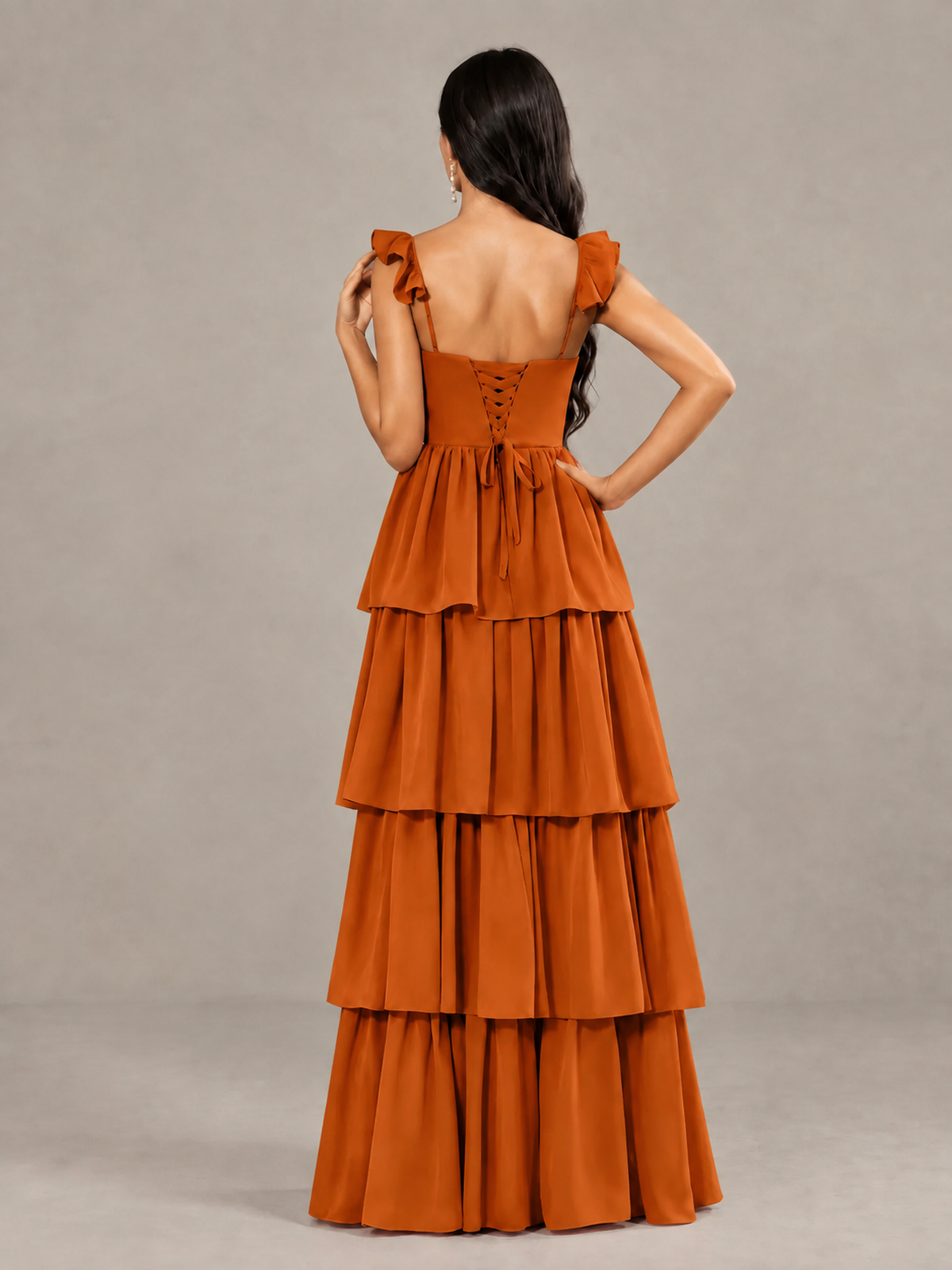 BOLODOO Burnt Orange Tiered Maxi Bridesmaid Dress with Slit - Burnt Orange