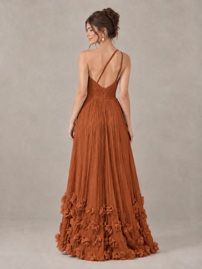 BOLODOO Burnt Orange One-Shoulder Pleated Bridesmaid Dress with 3D Floral Hem - Burnt Orange - Burnt Orange_2