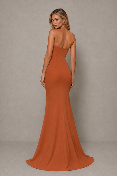 BOLODOO Burnt Orange Strapless Sweetheart Ruched Mermaid Gown | Cascade Drape Formal Evening Dress - Burnt Orange - Burnt_Orange_2