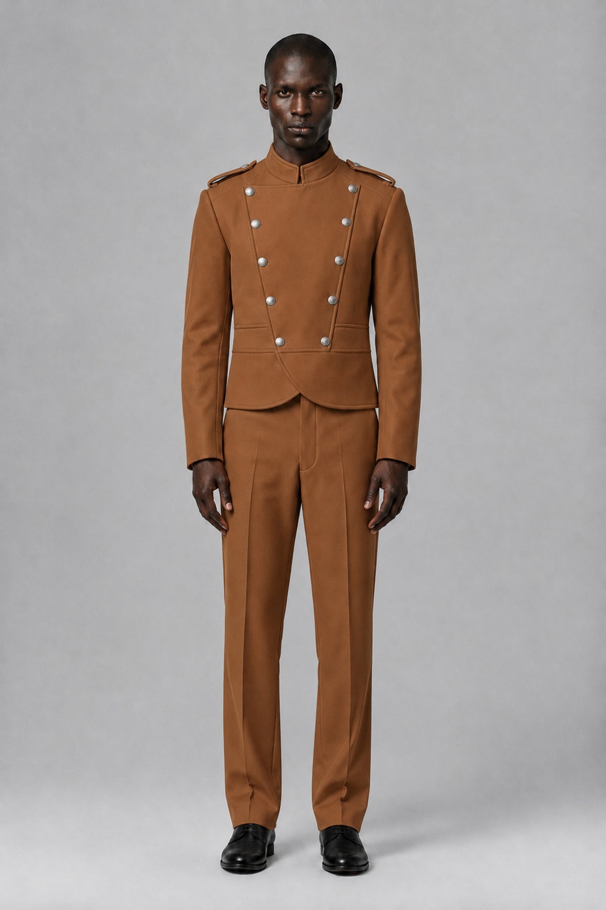 Bolodoo Men's Burnt Orange Military-Inspired Two-Piece Suit with Stand Collar - Burnt Orange - Burnt Orange_2