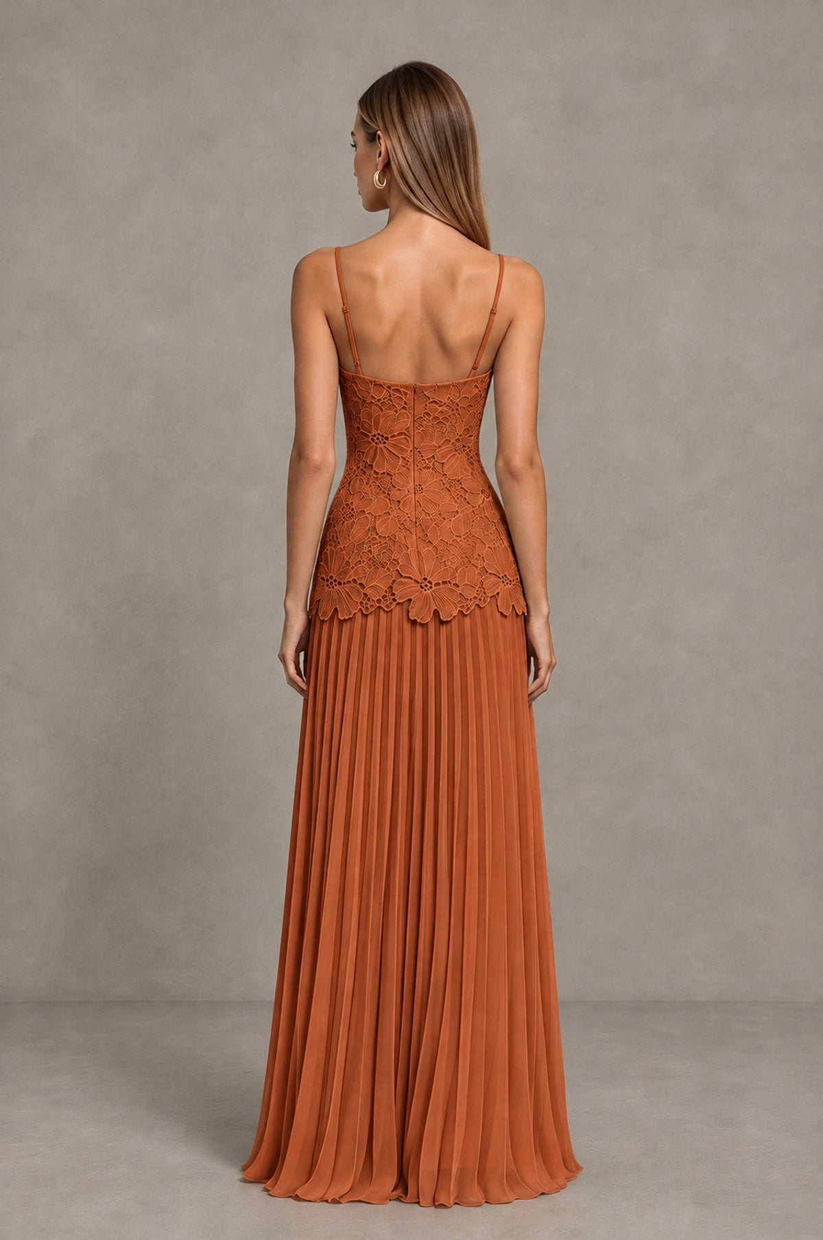BOLODOO Burnt Orange Lace Bodice Pleated Wedding Guest Dress - Burnt Orange - Burnt Orange_2