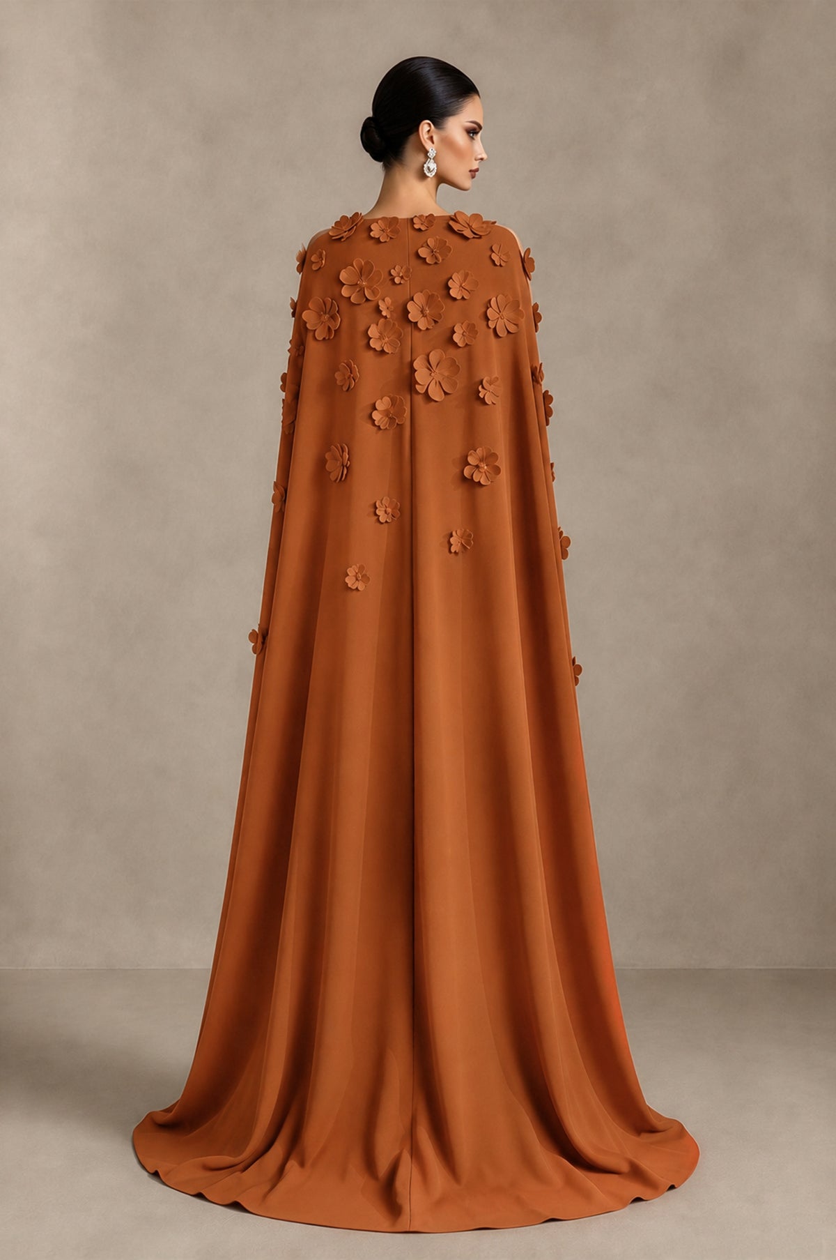 BOLODOO Burnt Orange 3D Floral Applique Cape Formal Dress - Burnt Orange - Burnt Orange_2