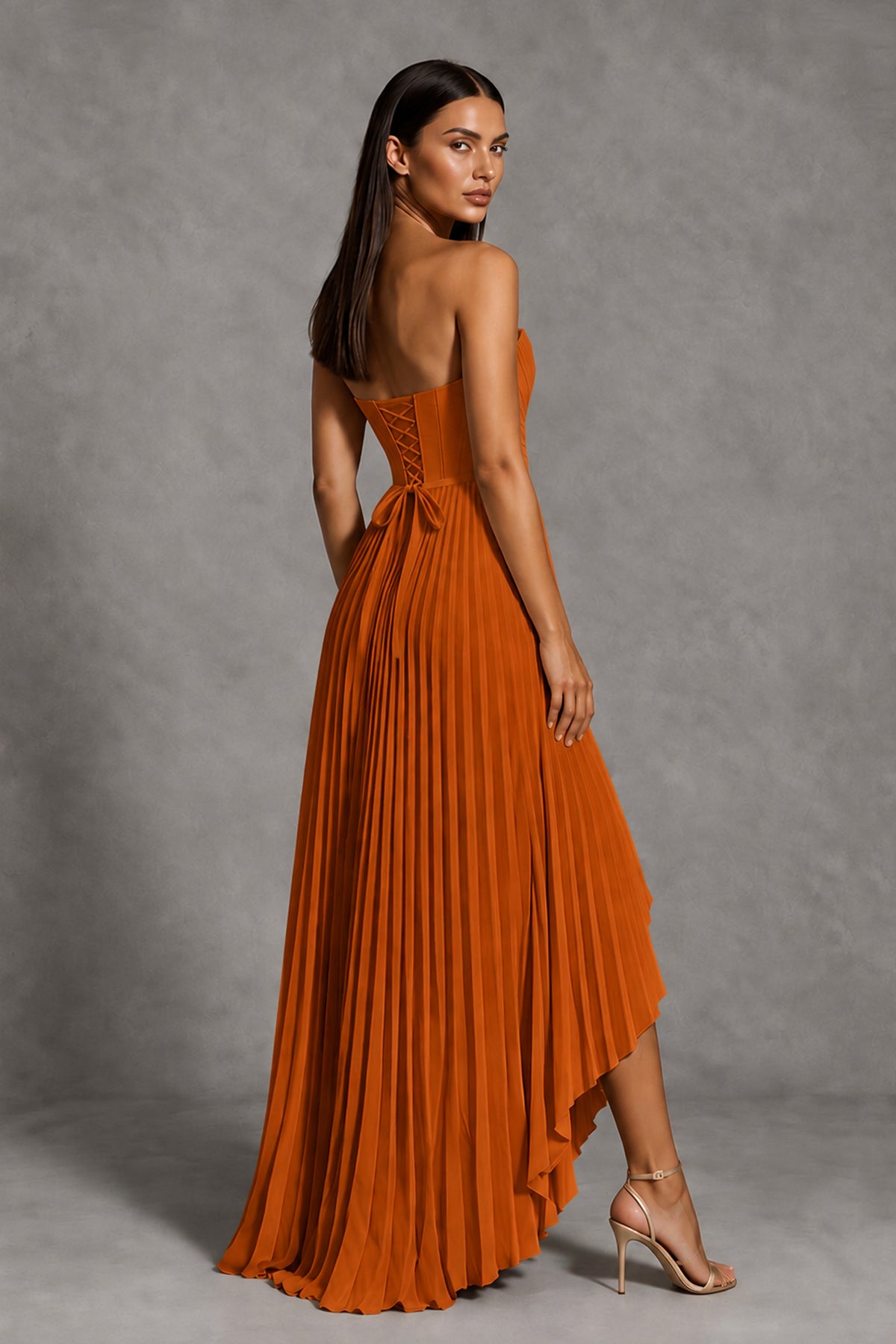 Burnt Orange Strapless Pleated High-Low Evening Gown with Ruffle Hem - Burnt Orange