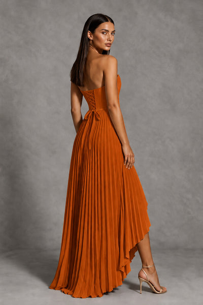 Burnt Orange Strapless Pleated High-Low Evening Gown with Ruffle Hem - Burnt Orange