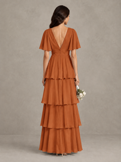 BOLODOO Burnt Orange Tiered Flutter Sleeve Bridesmaid Dress - Burnt Orange - Burnt Orange_2