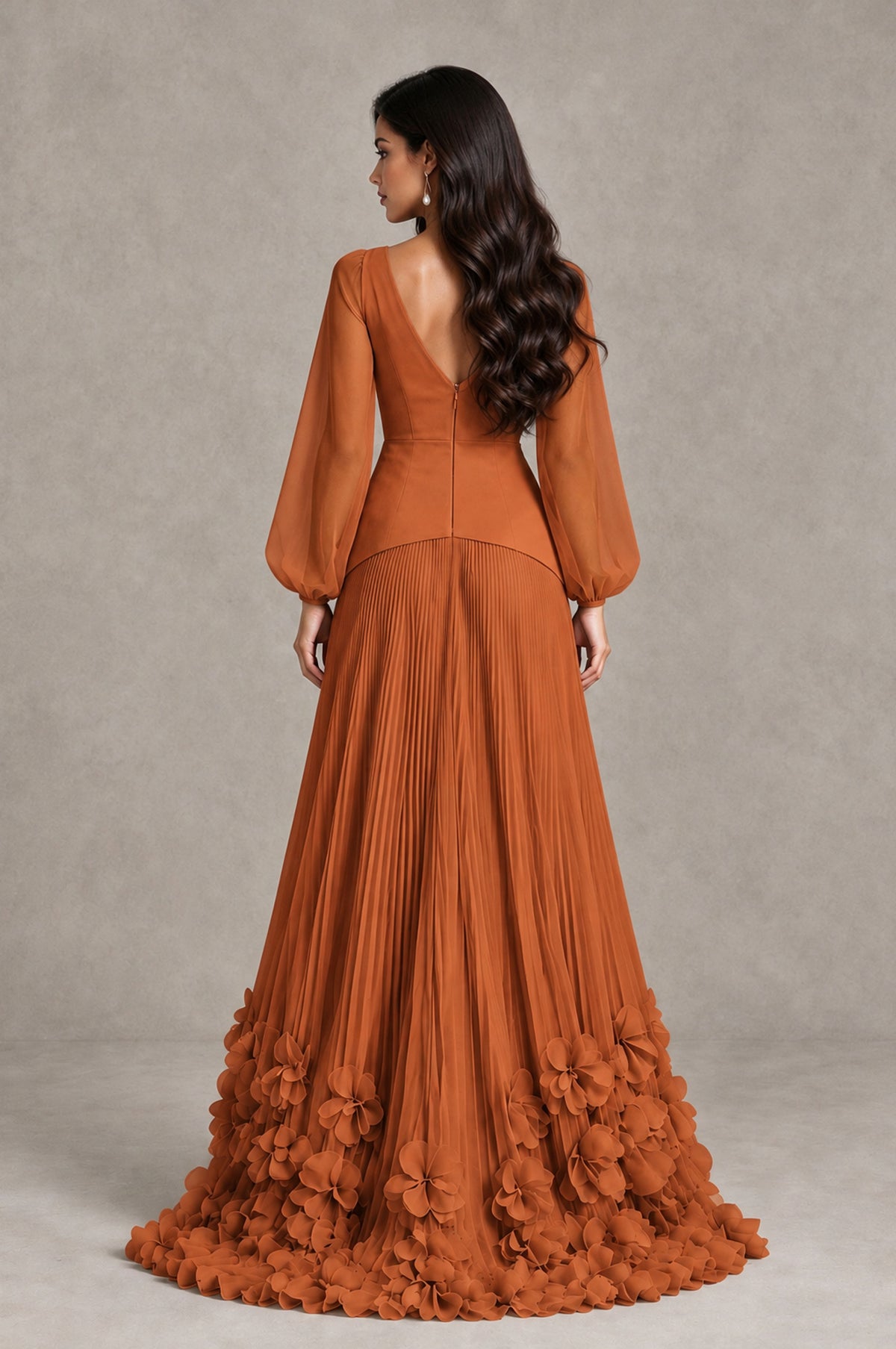 BOLODOO Burnt Orange V-Neck Long Sleeve Pleated Floral Hem Evening Dress - Burnt Orange - Burnt Orange_2