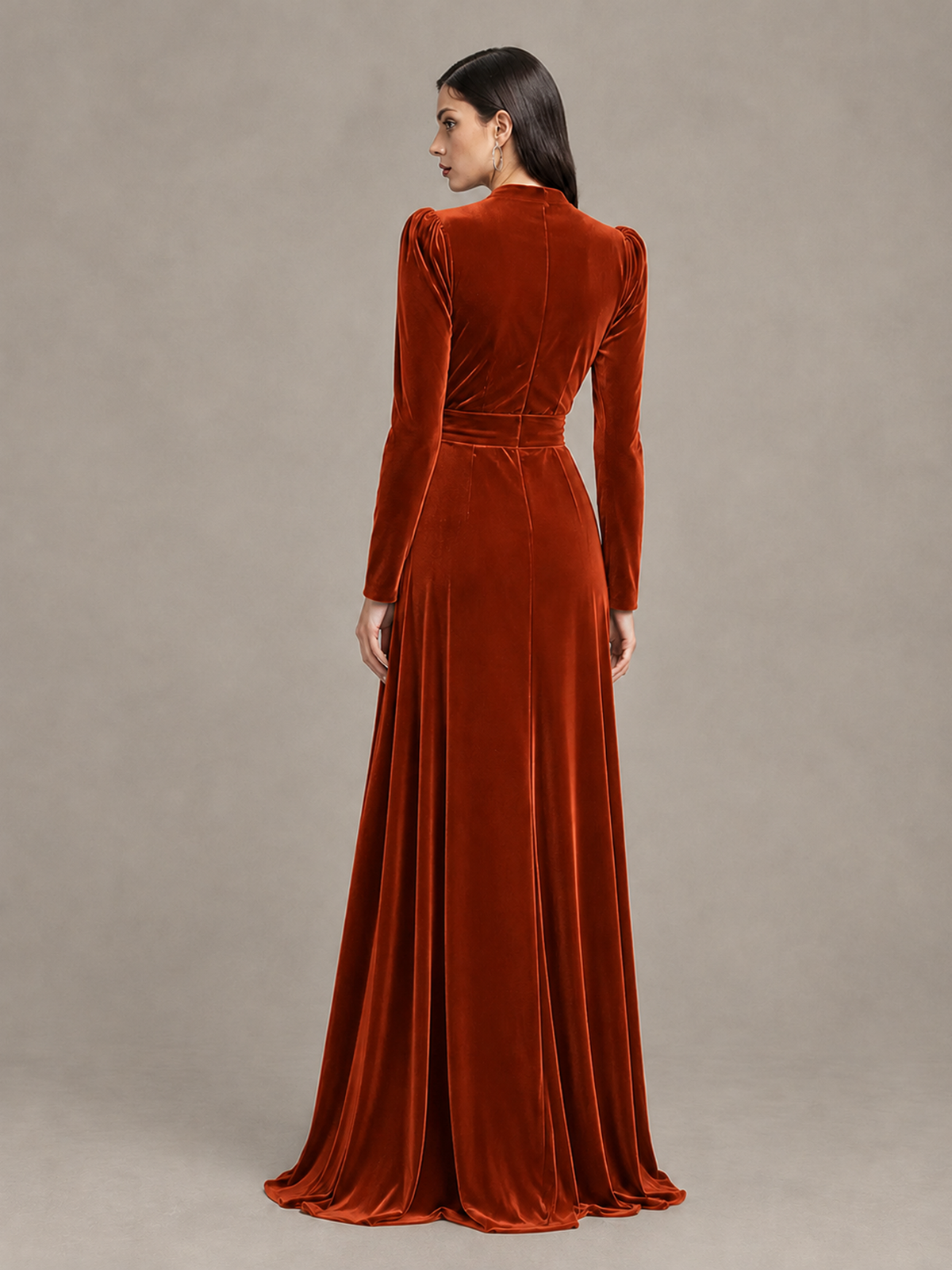 BOLODOO Burnt Orange Long Sleeve Velvet-Look Evening Dress with High Slit - Burnt Orange - Burnt Orange_2