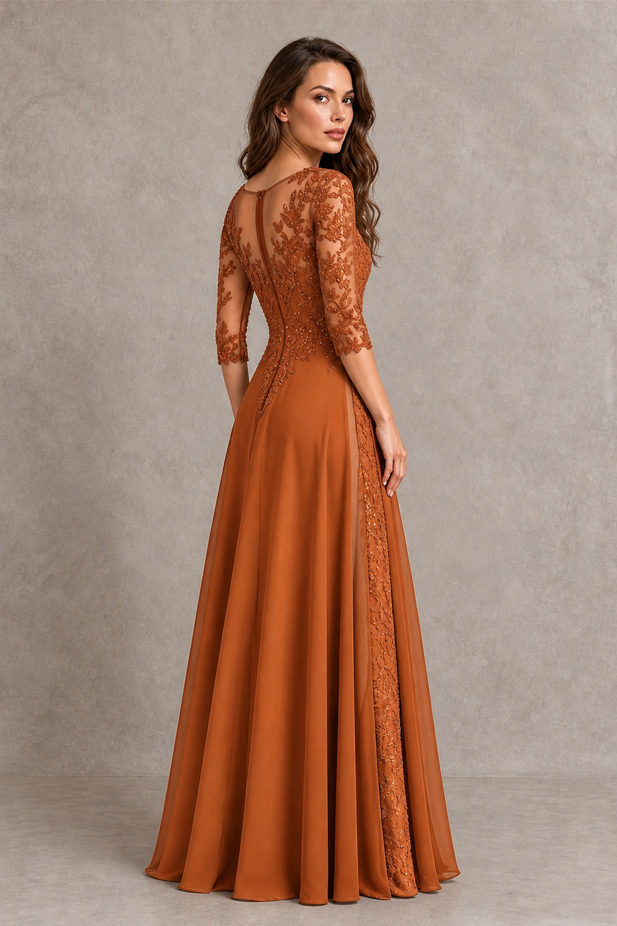 BOLODOO Midnight Burnt Orange Beaded Lace Appliqué Chiffon A-Line Gown | Mother of the Bride & Formal Evening Dress - Burnt Orange - Burnt Orange_2