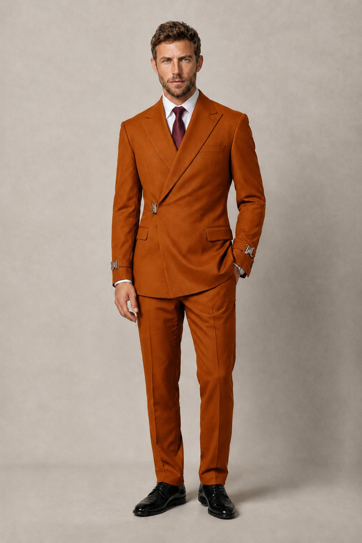 BOLODOO Men's Burnt Orange Double-Breasted 2-Piece Suit Set – Blazer & Tailored Trousers - Burnt Orange