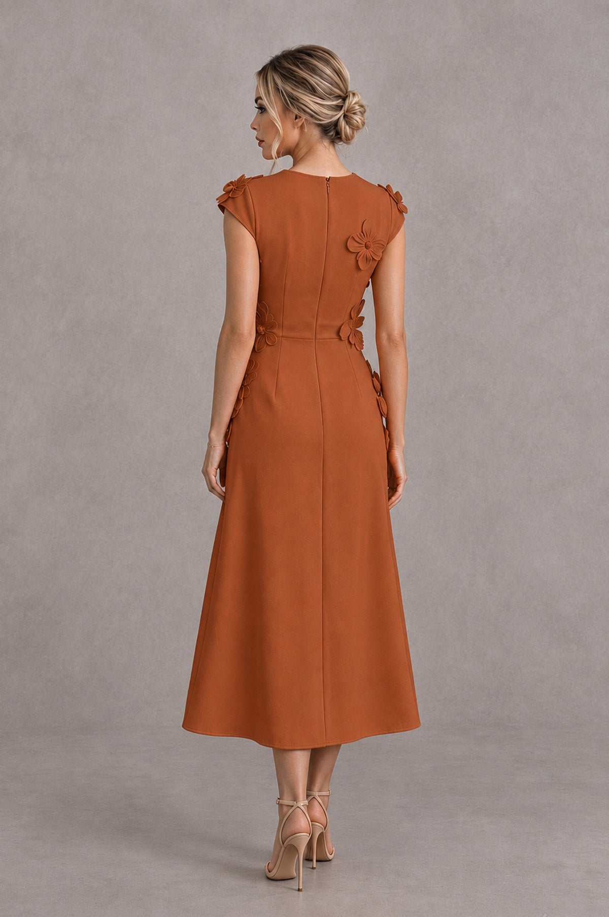 BOLODOO Burnt Orange 3D Floral Cap Sleeve Midi Cocktail Dress - Burnt Orange - Burnt Orange_2