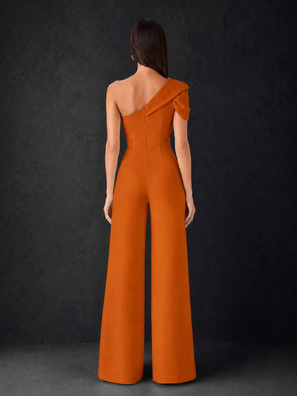 BOLODOO Burnt Orange One-Shoulder Puff Sleeve Wide-Leg Jumpsuit with Front Slit and Open Back - Burnt Orange