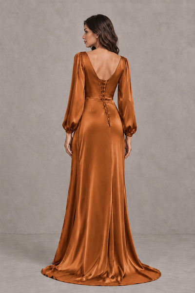 BOLODOO Burnt Orange Satin-Look Long Sleeve Evening Dress with High Slit - Burnt Orange - Burnt Orange_2