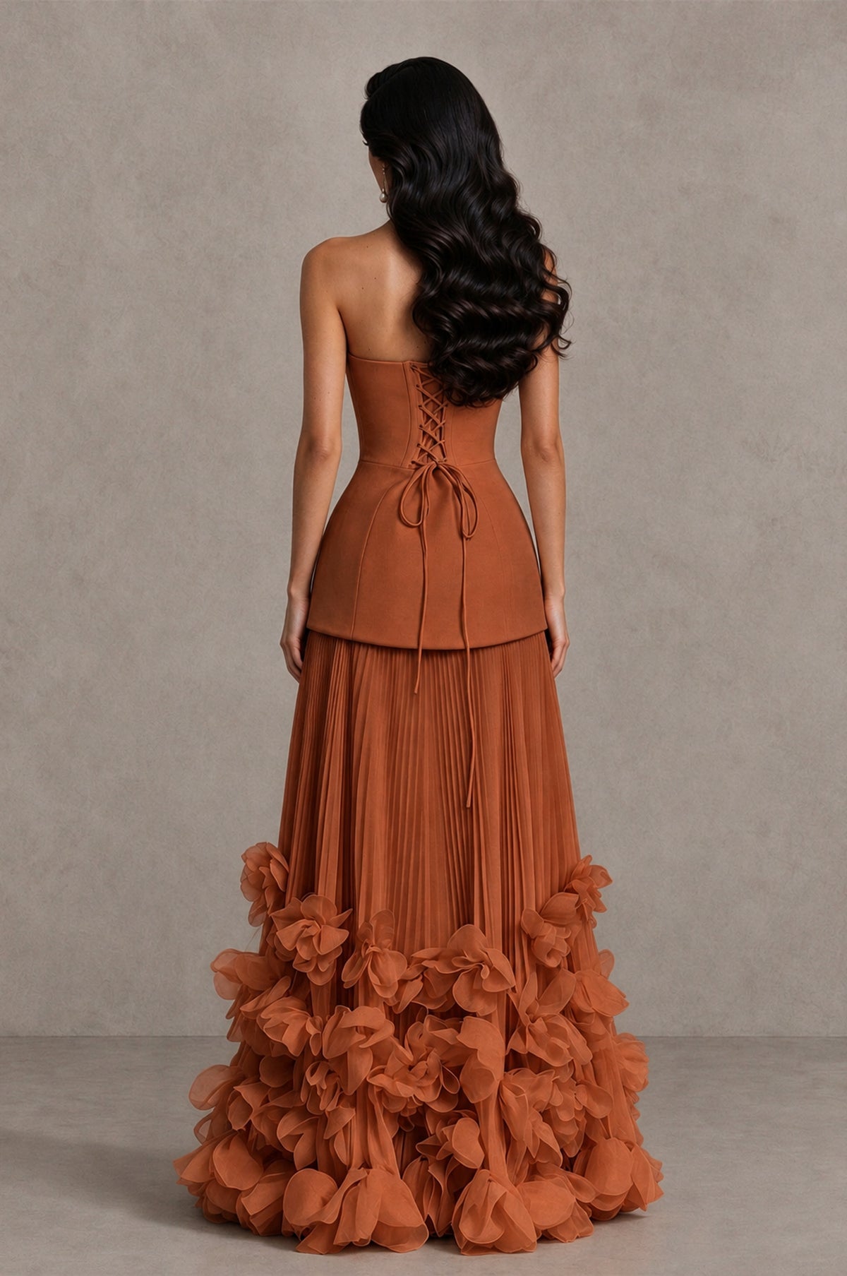 BOLODOO Burnt Orange Strapless Pleated Floral Hem Evening Gown - Burnt Orange - Burnt Orange_2
