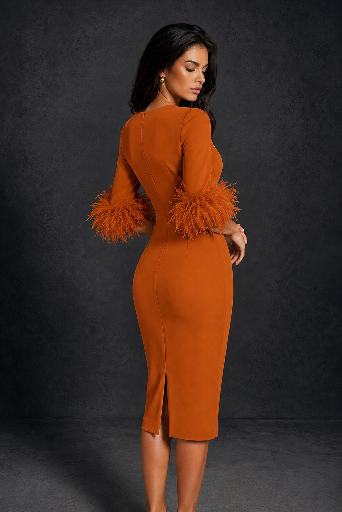 BOLODOO Burnt Orange Ostrich Feather Cuff 3/4 Sleeve Round Neck Bodycon Midi Dress with Back Slit - Burnt Orange