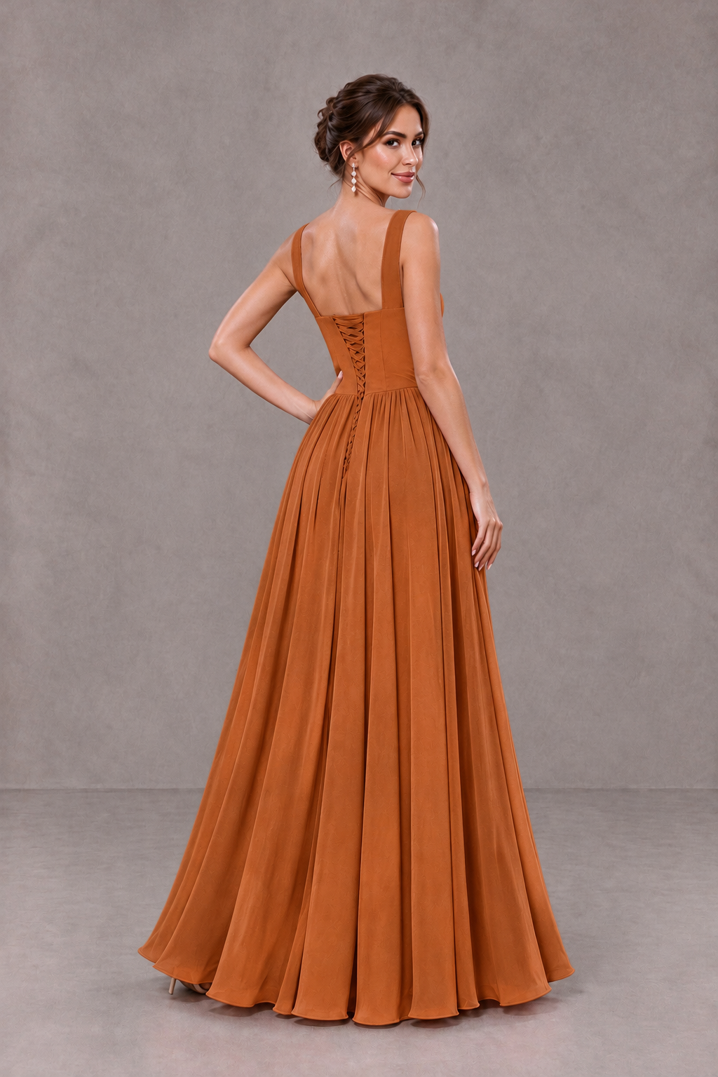 BOLODOO Burnt Orange Square Neck A-Line Bridesmaid Dress with Slit - Burnt Orange - Burnt Orange_2