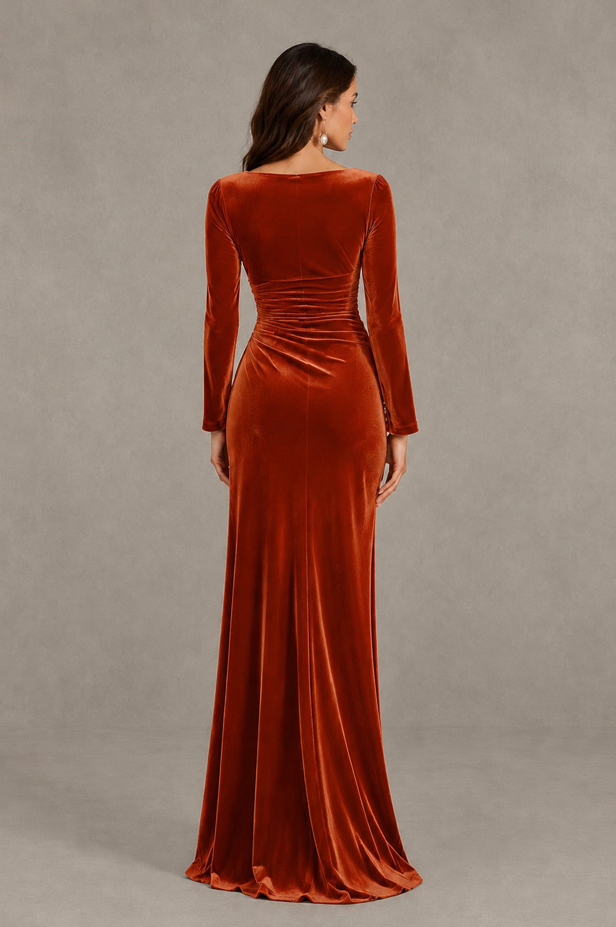 BOLODOO Burnt Orange Long Sleeve V-Neck Ruched Velvet Formal Dress - Burnt Orange - Burnt Orange_2