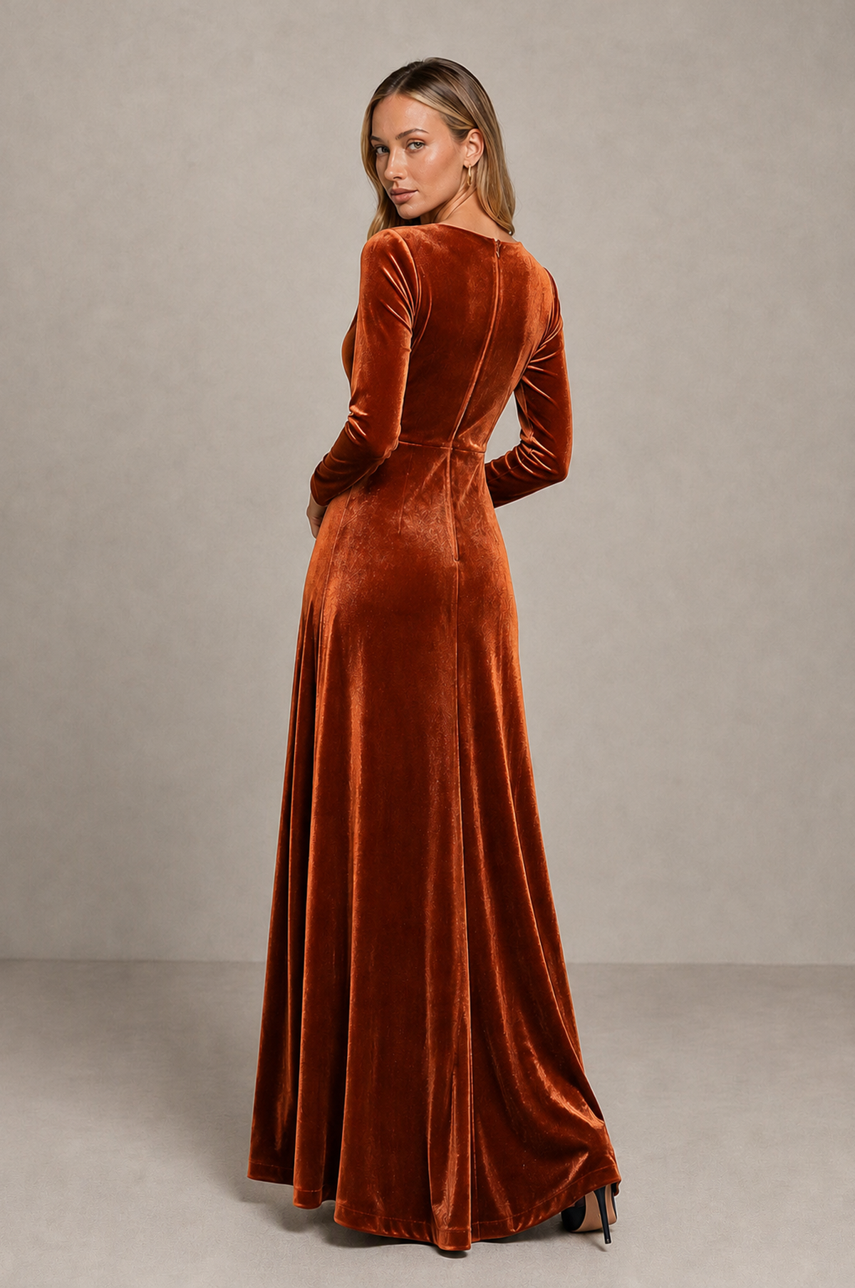 BOLODOO Burnt Orange Velvet Long Sleeve V-Neck Ruched Evening Dress - Burnt Orange - Burnt_Orange_2