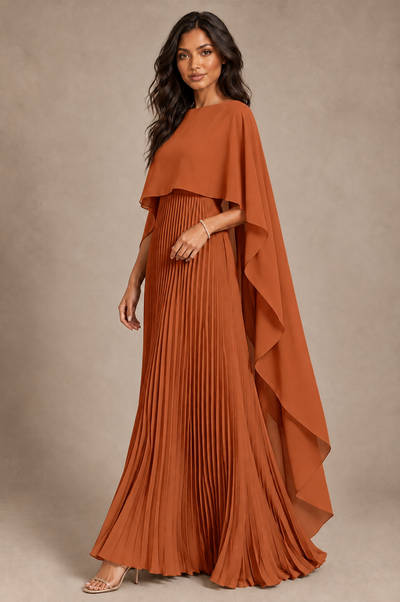 BOLODOO Burnt Orange Pleated Cape A-Line Evening Dress - Burnt Orange - Burnt_Orange_2