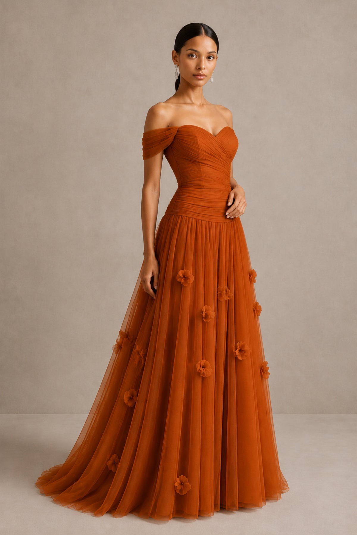 Burnt Orange Off-Shoulder Sweetheart A-Line Tulle Gown with 3D Floral Appliques | BOLODOO - Burnt Orange