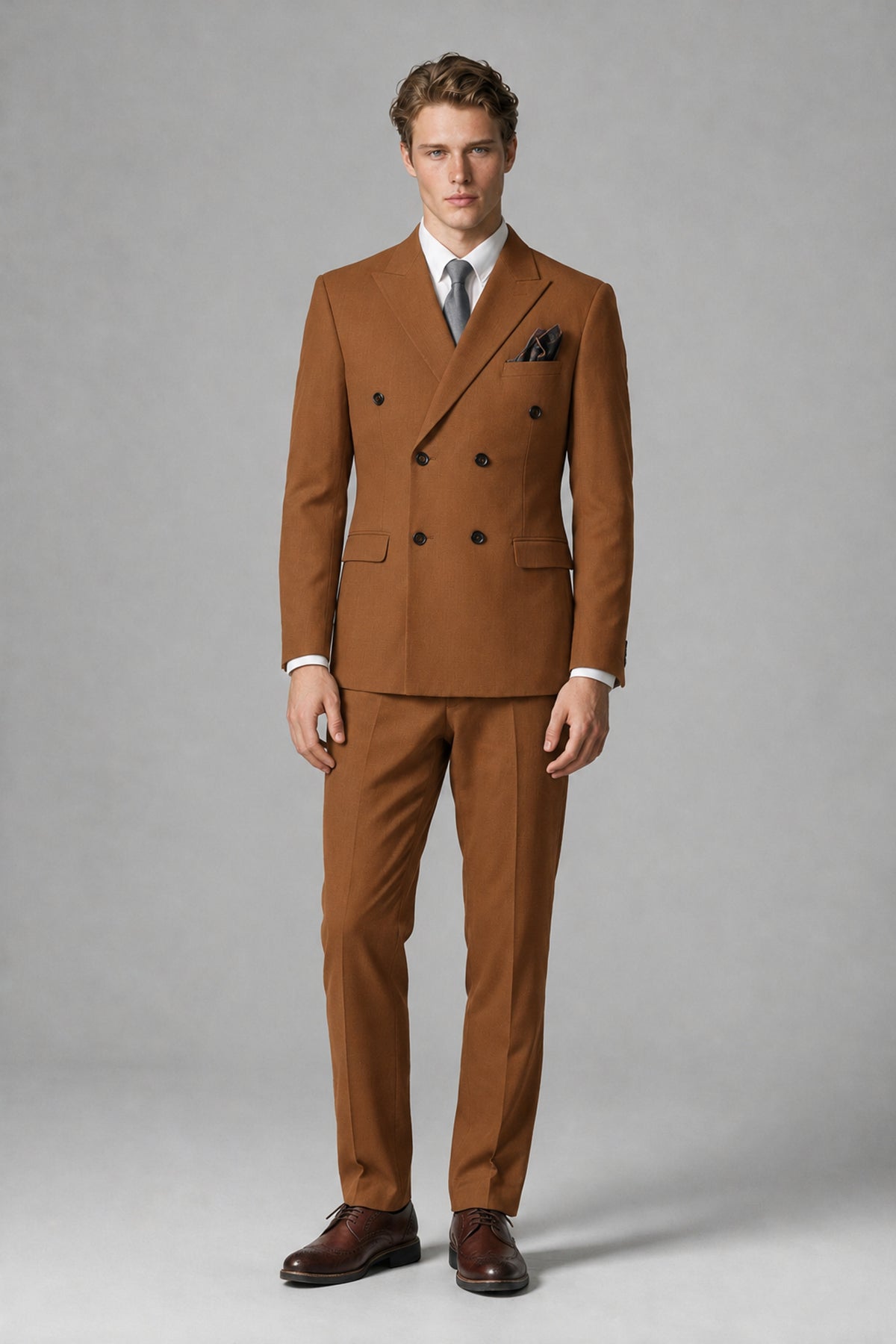 Bolodoo Men's Burnt Orange Double-Breasted Two-Piece Suit with Peak Lapels - Burnt Orange - Burnt Orange_2