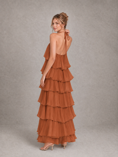BOLODOO Burnt Orange Halter Tiered Ruffle Maxi Bridesmaid Dress - Burnt Orange - Burnt Orange_2