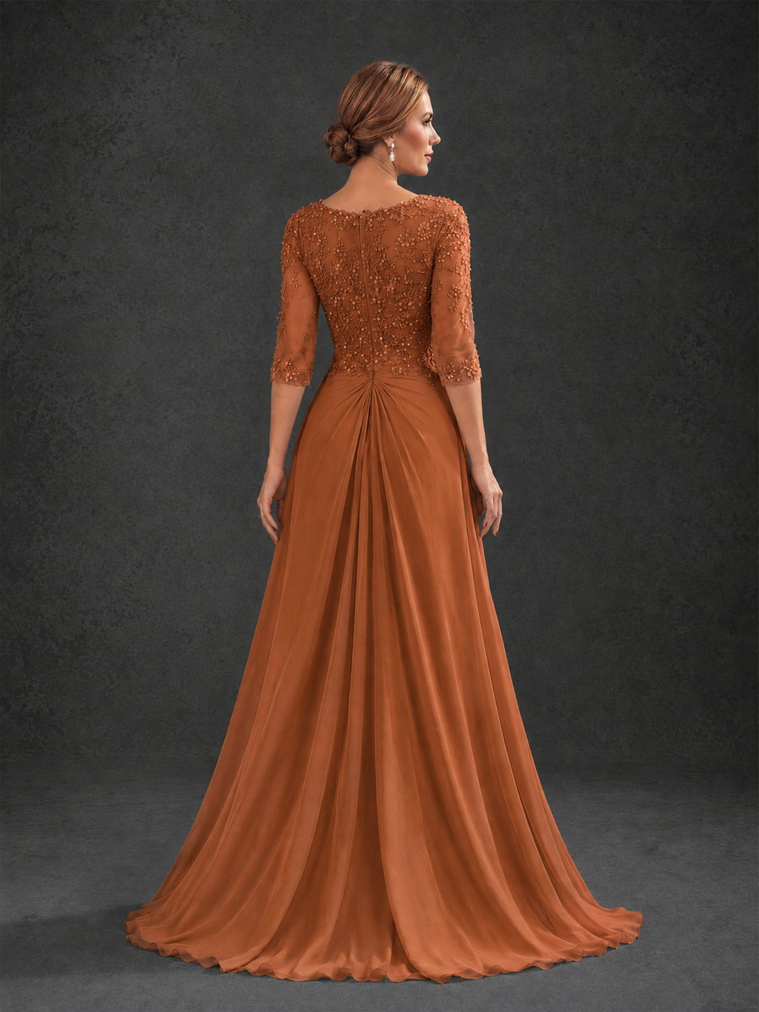 BOLODOO Burnt Orange Sweetheart Neck 3/4 Sleeve Floral Lace Illusion Bodice Chiffon A-Line Gown - Burnt Orange