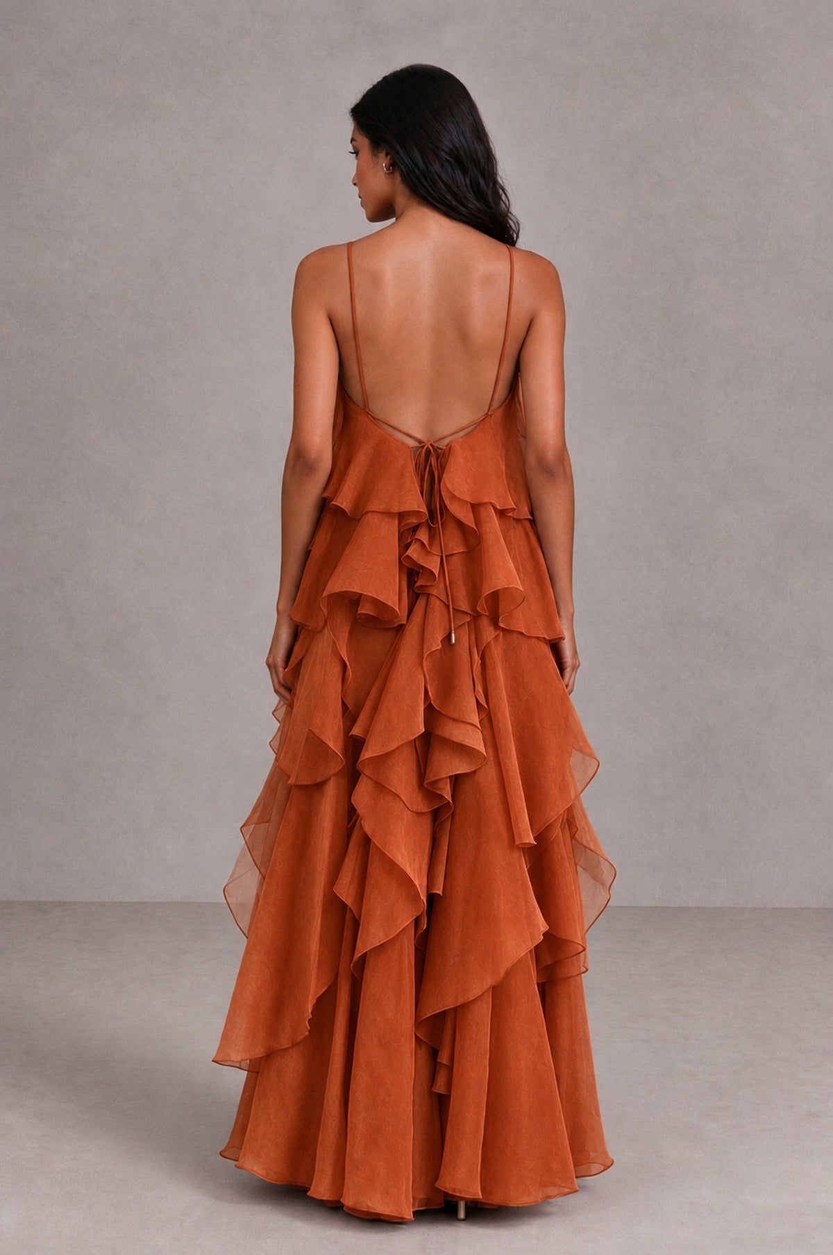 BOLODOO Burnt Orange Cascading Ruffle Rosette Open-Back Maxi Dress - Burnt Orange - Burnt Orange_2