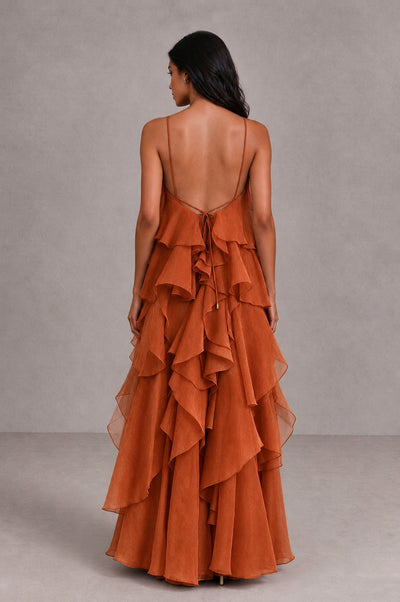 BOLODOO Burnt Orange Cascading Ruffle Rosette Open-Back Maxi Dress - Burnt Orange - Burnt Orange_2