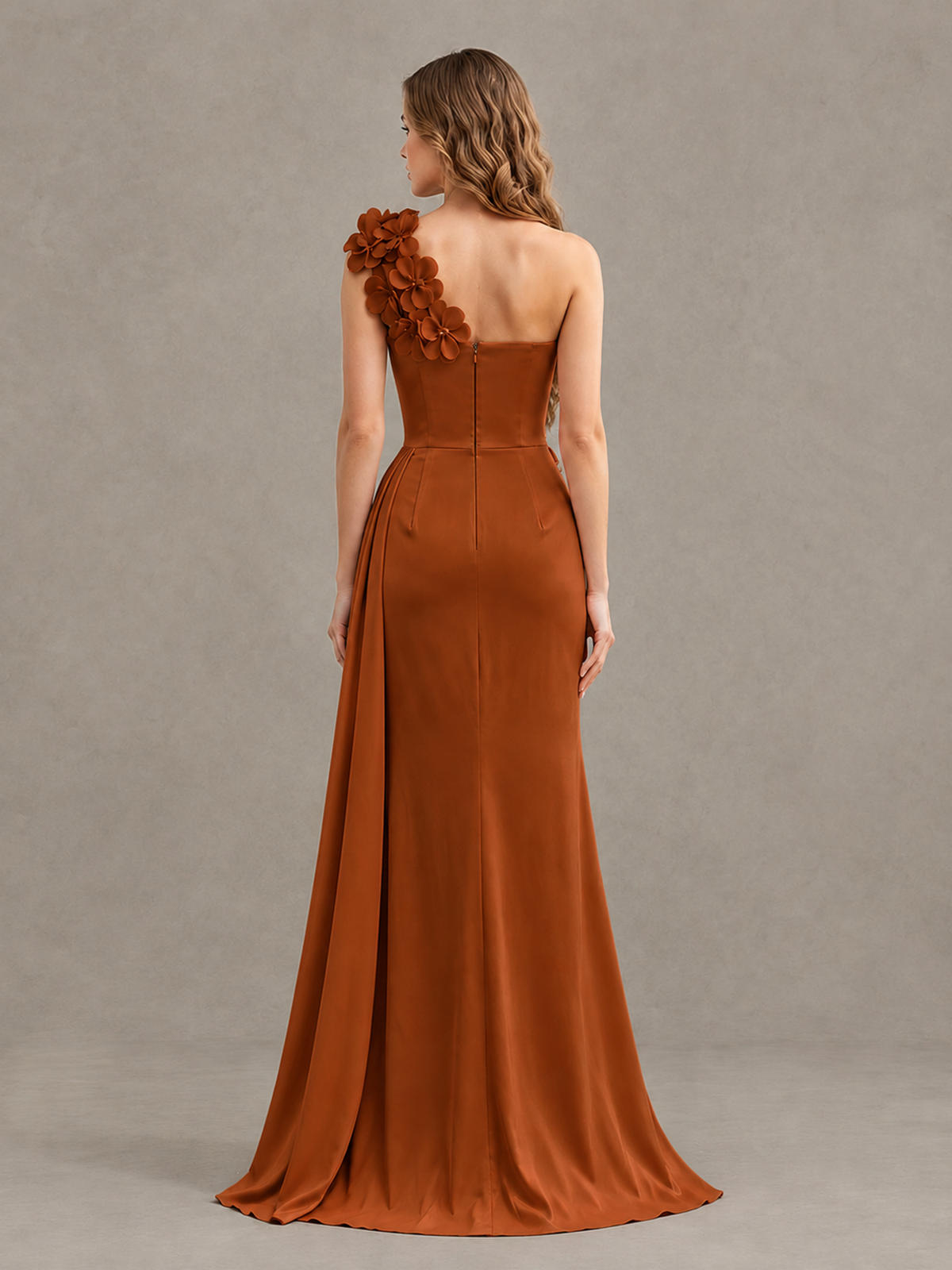 BOLODOO Burnt Orange One-Shoulder Satin Mermaid Evening Gown with 3D Floral Appliqué - Burnt Orange - Burnt Orange_2