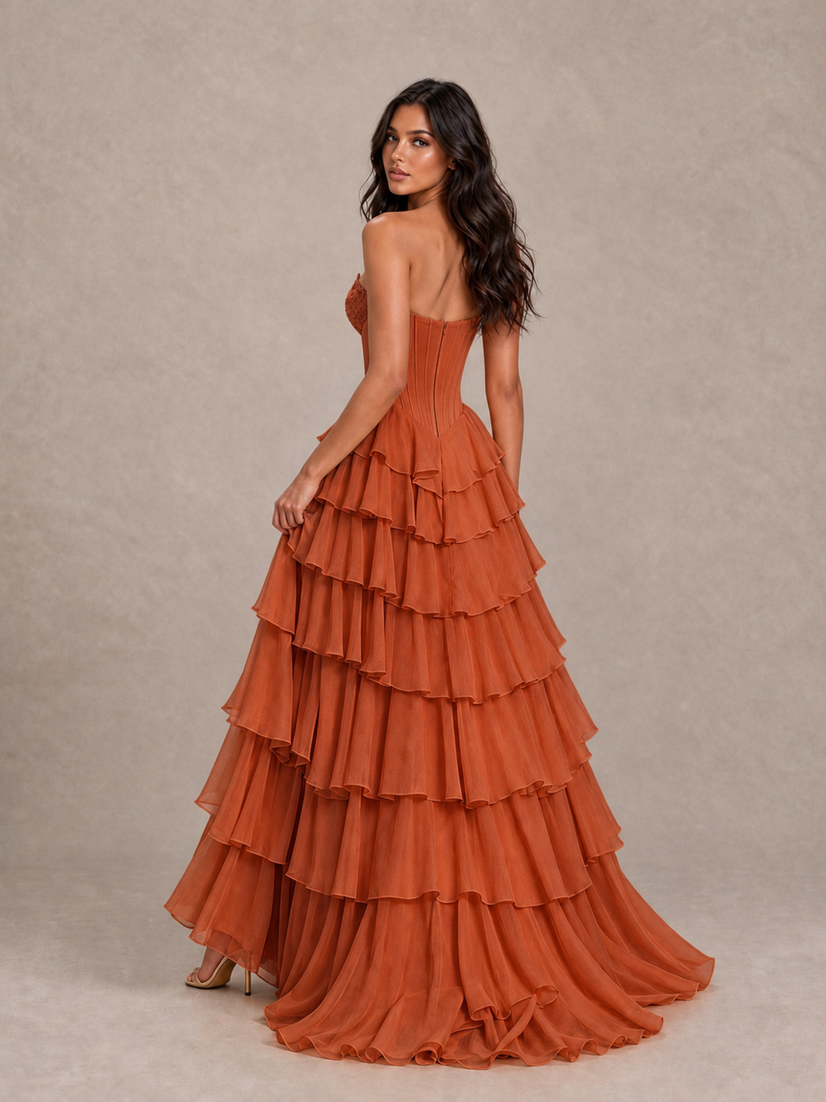BOLODOO Burnt Orange Strapless Corset Tiered Ruffle Prom Dress with High Slit - Burnt Orange - Burnt Orange_2