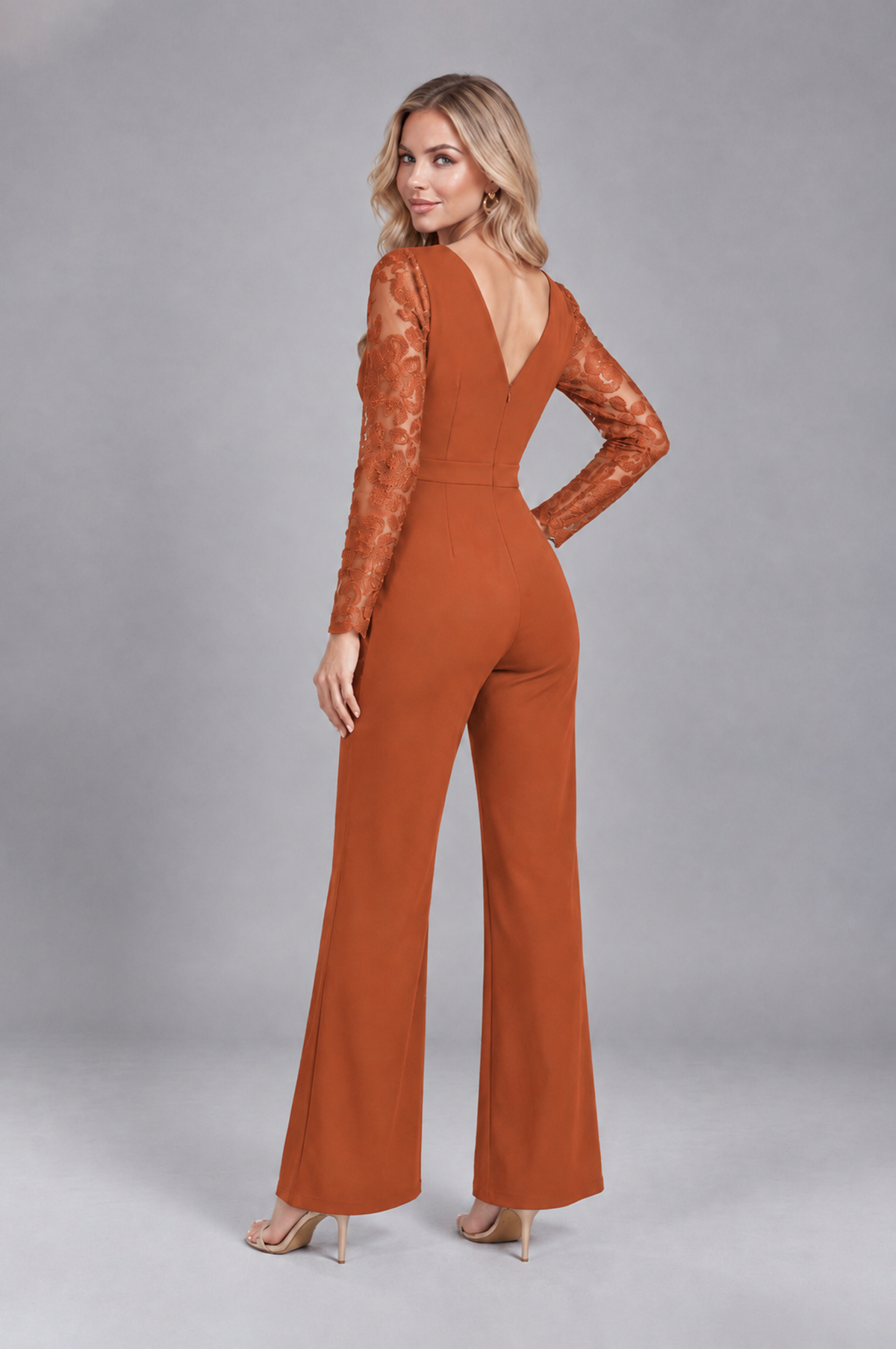 BOLODOO Burnt Orange Lace Long-Sleeve V-Neck Mother Pant Suit - Burnt Orange - Burnt Orange_2