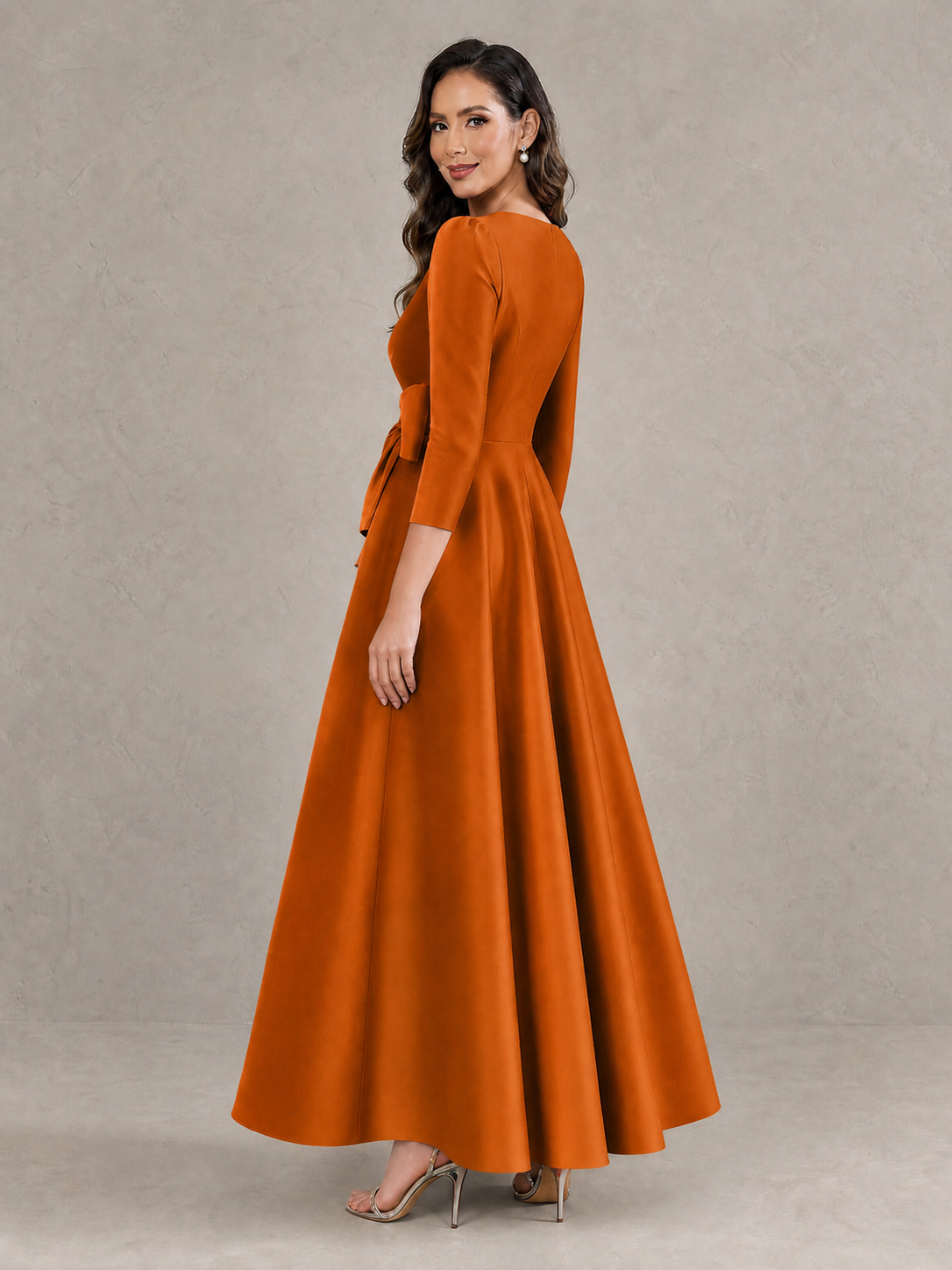 BOLODOO Burnt Orange Satin Deep V-Neck Wrap 3/4 Puff Sleeve A-Line Ball Gown Maxi Dress with Oversized Bow Belt - Burnt Orange