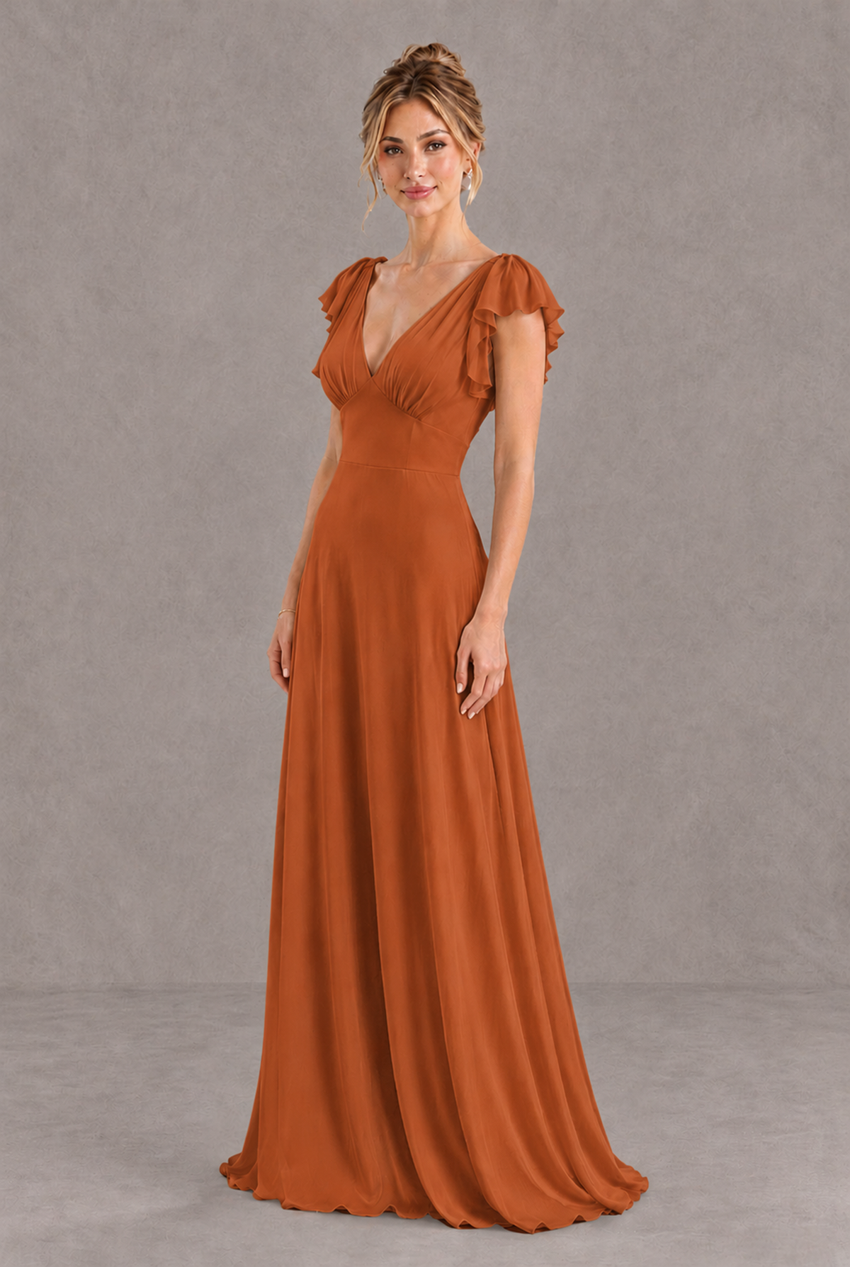 BOLODOO Burnt Orange V-Neck Flutter Sleeve A-Line Bridesmaid Dress - Burnt Orange - Burnt Orange_3
