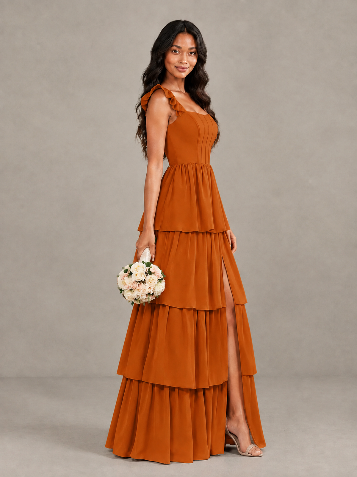 BOLODOO Burnt Orange Tiered Maxi Bridesmaid Dress with Slit - Burnt Orange