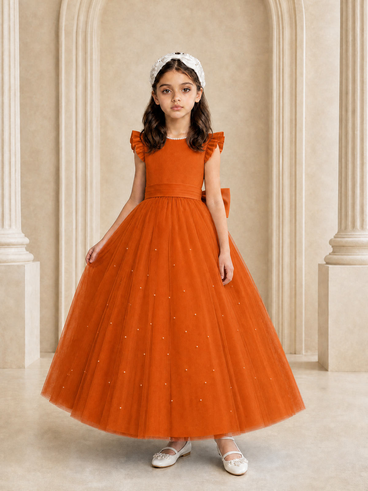 BOLODOO Burnt Orange Tulle Flower Girl Dress with Ruffle Sleeves & Bow Back - Burnt Orange - Burnt_Orange_3
