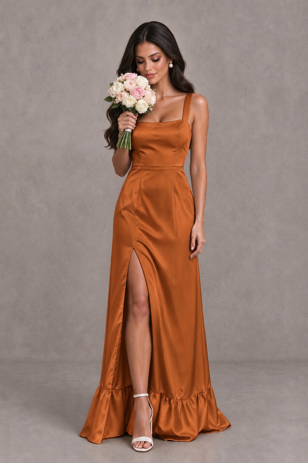 BOLODOO Burnt Orange Square Neck Satin Evening Dress with Lace-Up Back and High Slit - Burnt Orange - Burnt Orange_3