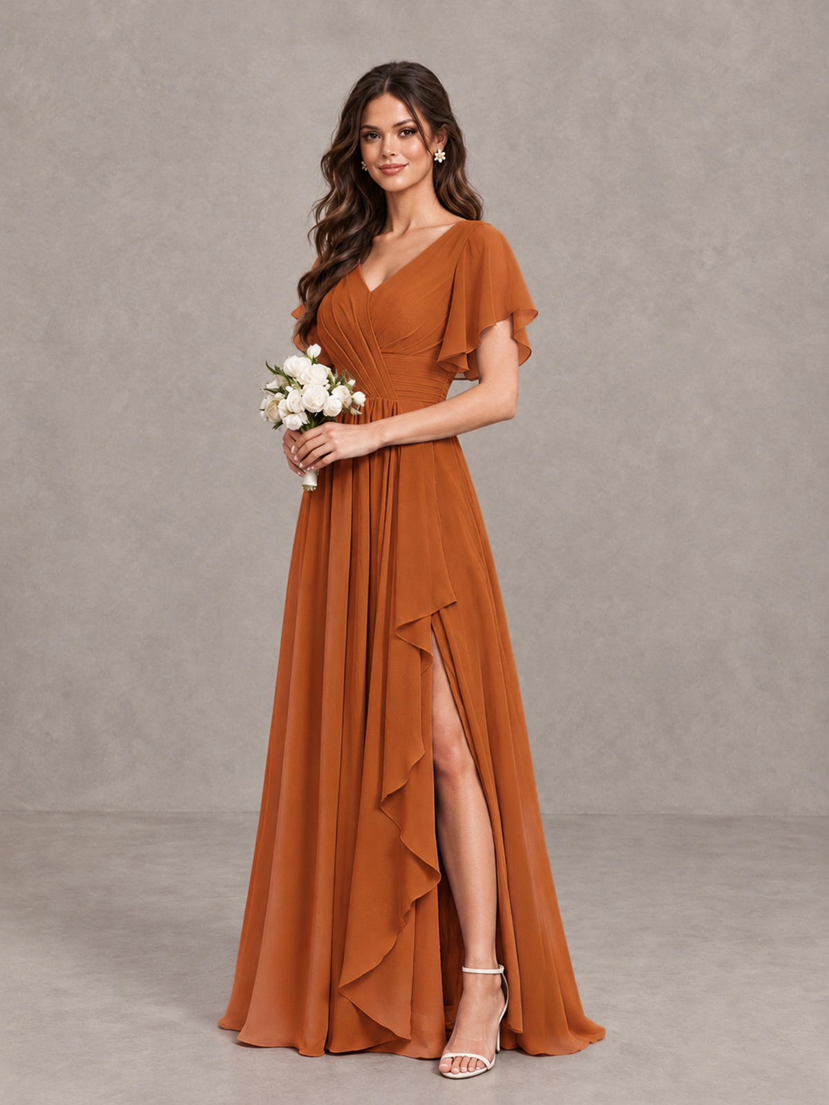 BOLODOO Burnt Orange Flutter Sleeve V-Neck Bridesmaid Dress with Ruffle Slit - Burnt Orange - Burnt Orange_3