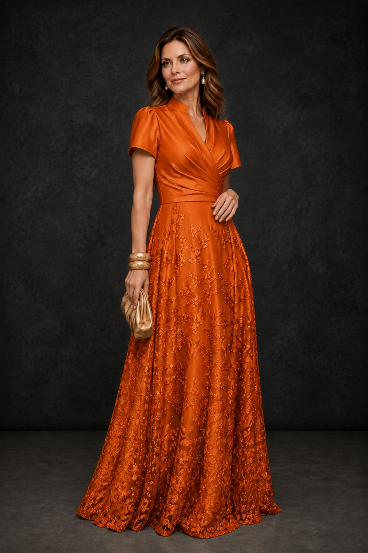 BOLODOO Burnt Orange Satin Wrap V-Neck Short Sleeve Lace Glitter A-Line Floor Length Evening Gown – Formal Dress - Burnt Orange