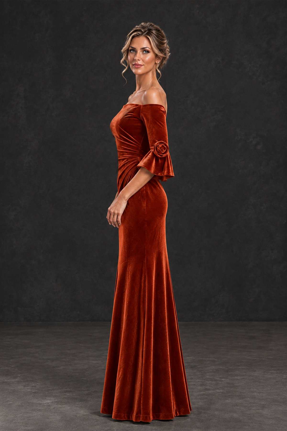 BOLODOO Burnt Orange Velvet Off-Shoulder Mother of the Bride Dress – 3/4 Floral Cuff Sleeve Mermaid Evening Gown - Burnt Orange - Burnt Orange_3