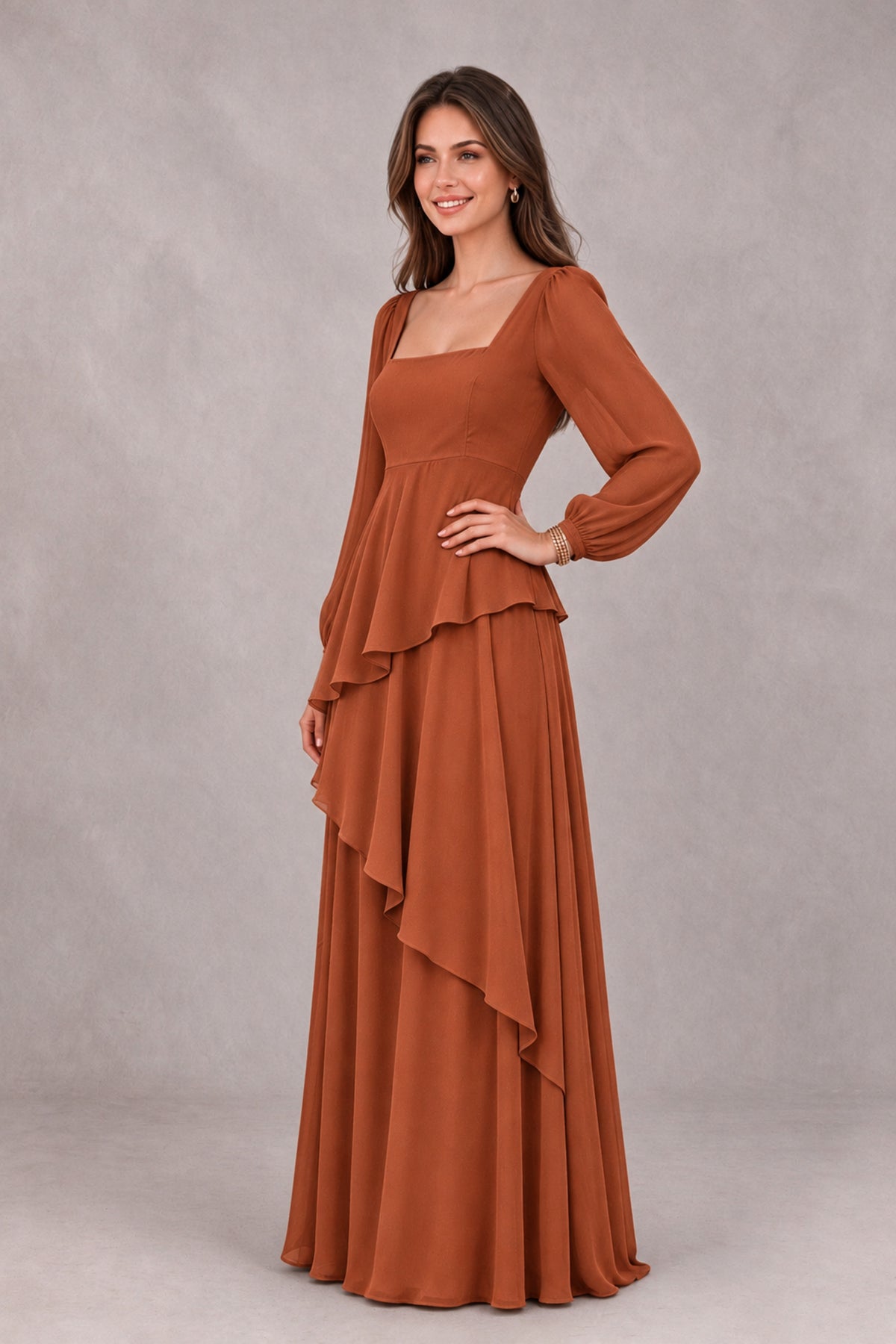 BOLODOO Burnt Orange Long Sleeve Ruffle Bridesmaid Dresses - Burnt Orange - Burnt Orange_3