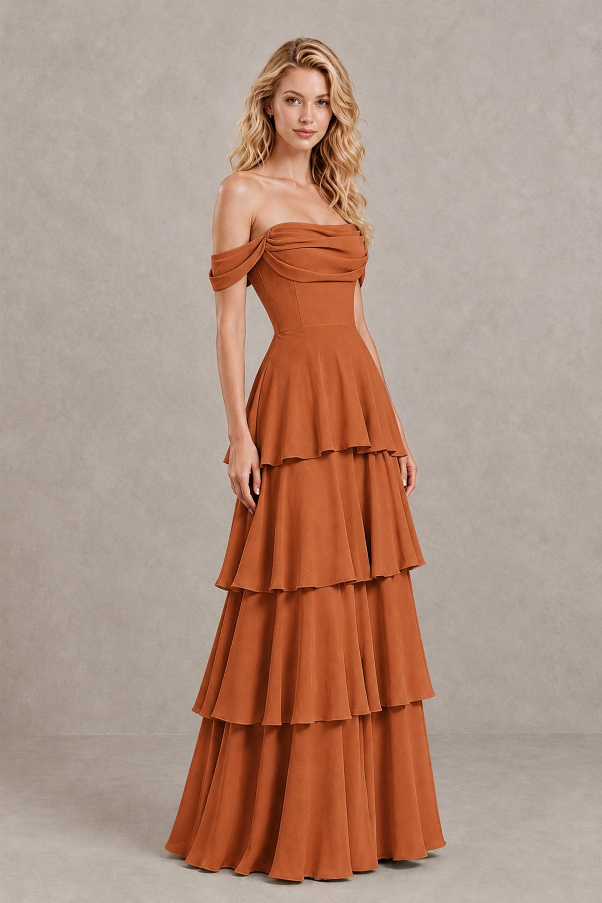 BOLODOO Burnt Orange Off-the-Shoulder Tiered A-Line Evening Bridesmaid Dress - Burnt Orange - Burnt Orange_3