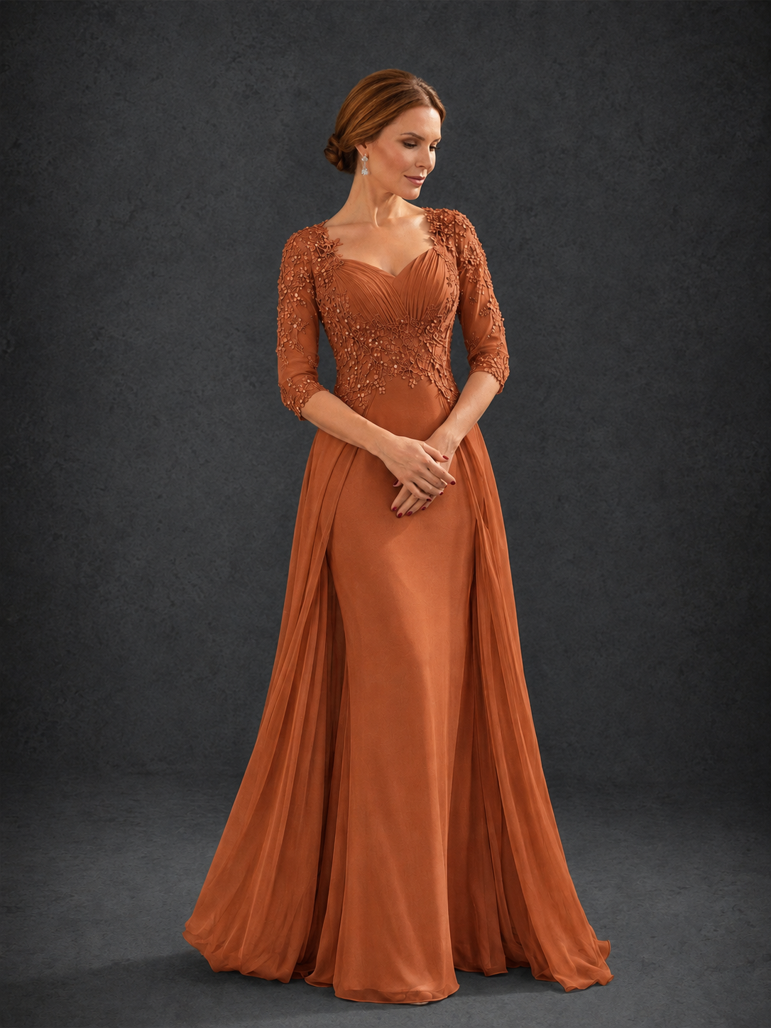 BOLODOO Burnt Orange Sweetheart Neck 3/4 Sleeve Floral Lace Illusion Bodice Chiffon A-Line Gown - Burnt Orange