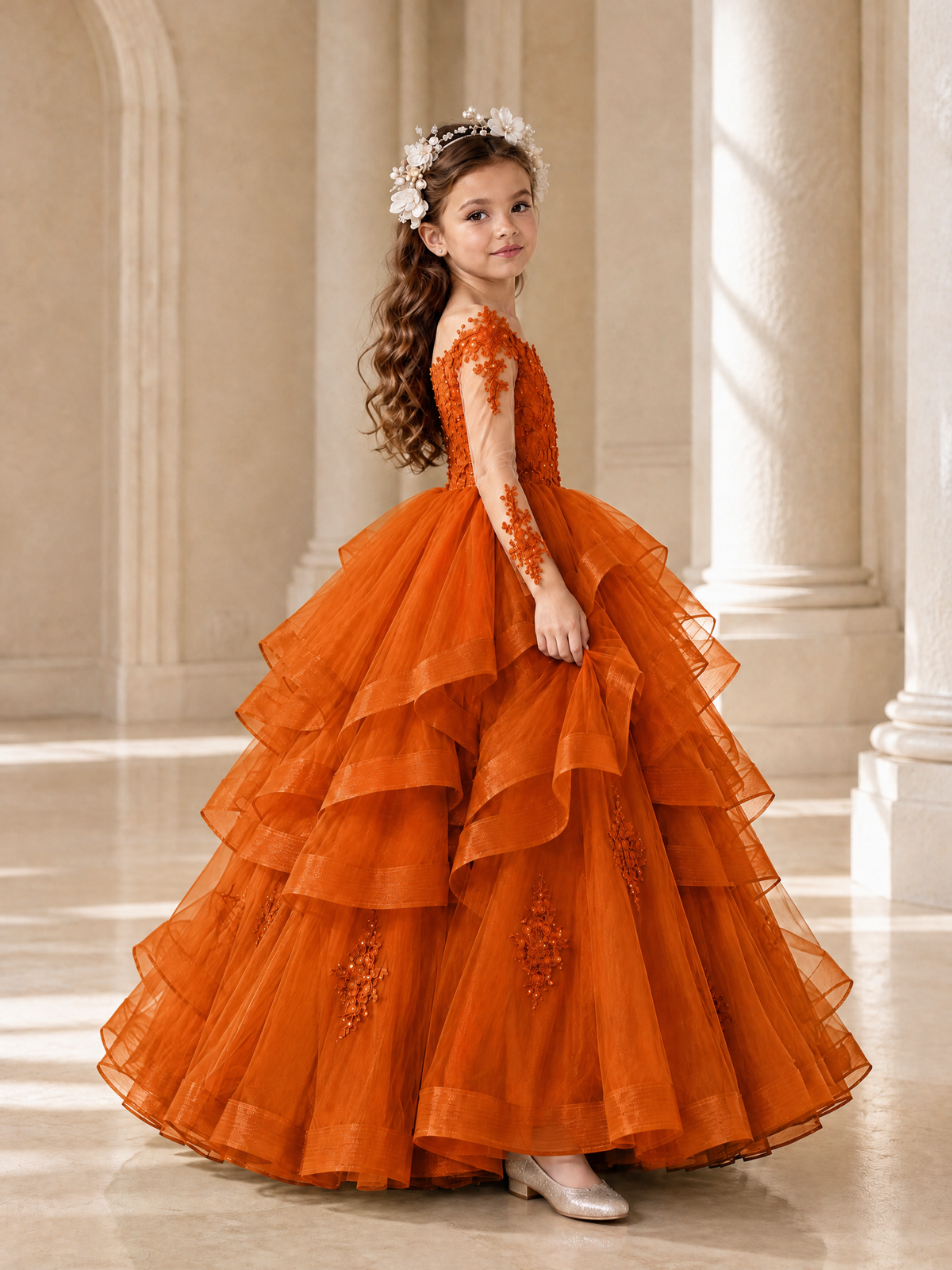 BOLODOO Burnt Orange Lace Long Sleeve Tiered Flower Girl Dress - Burnt Orange - Burnt_Orange_3