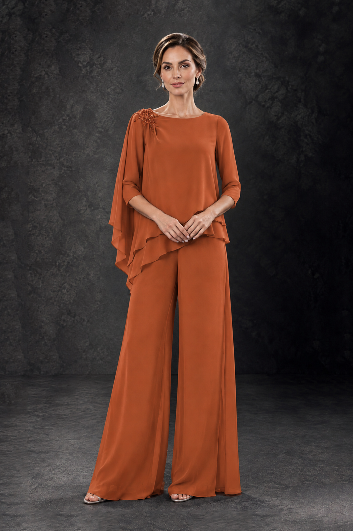BOLODOO Burnt Orange Layered Wide-Leg Mother of the Bride Pant Suit - Burnt Orange - Burnt Orange_3