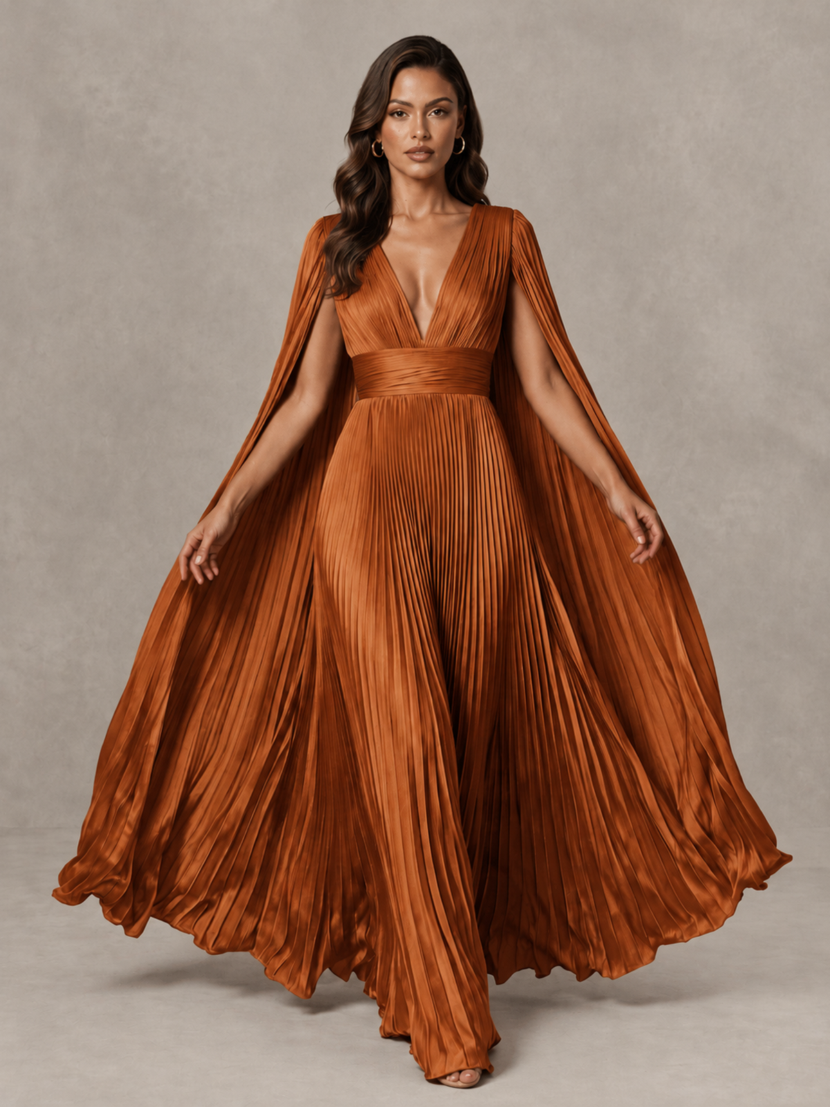 BOLODOO Burnt Orange Deep V-Neck Pleated Cape Sleeve Evening Gown - Burnt Orange - Burnt Orange_3