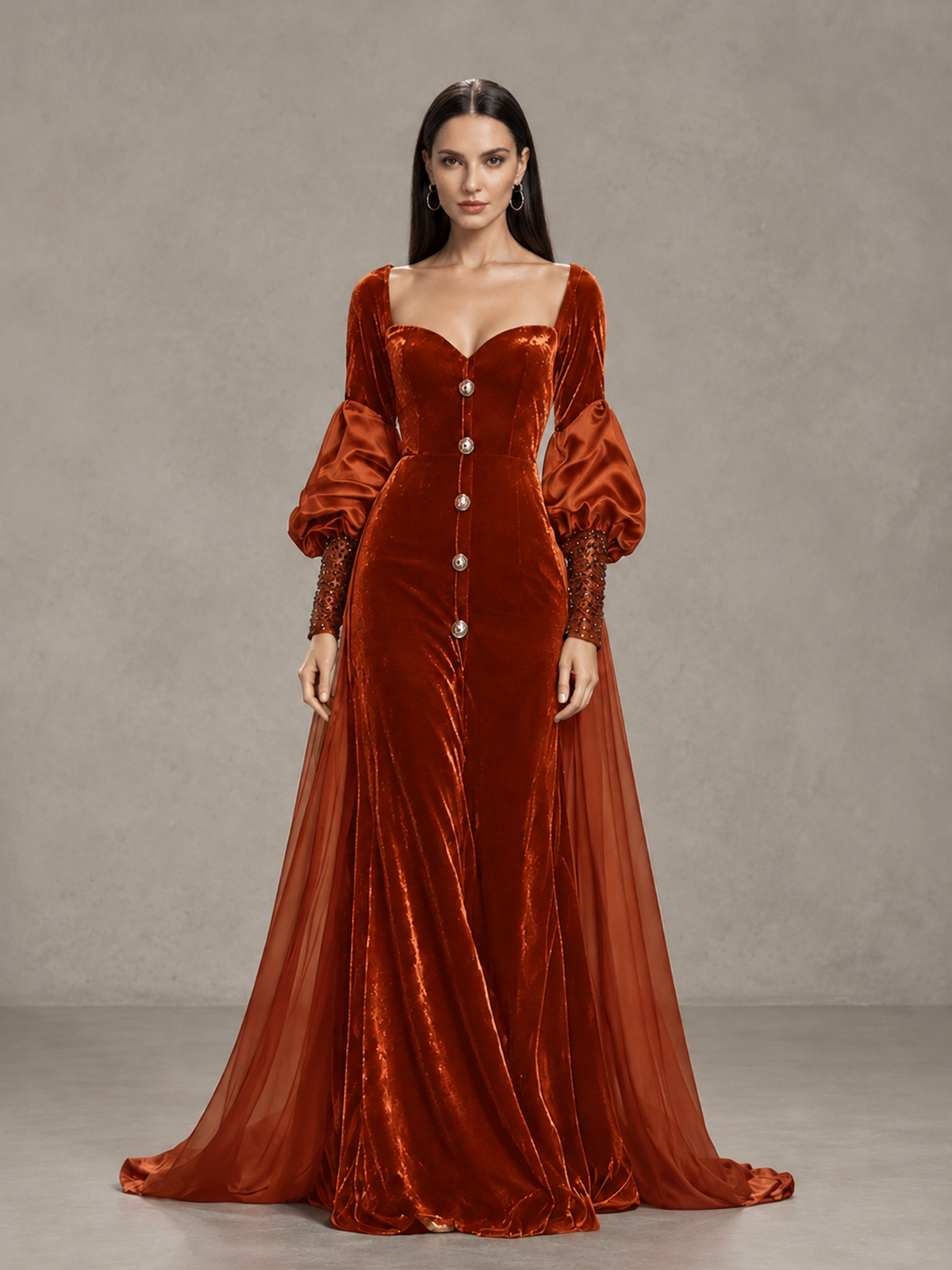 BOLODOO Burnt Orange Velvet Long Sleeve Open-Back Evening Gown - Burnt Orange - Burnt Orange_3